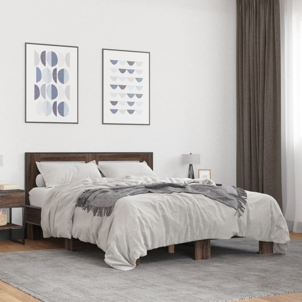 Sengeramme brun eik 140x190 cm konstruert tre og metall