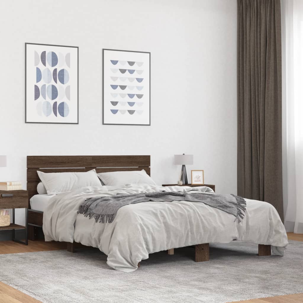 Sengeramme brun eik 140x200 cm konstruert tre og metall