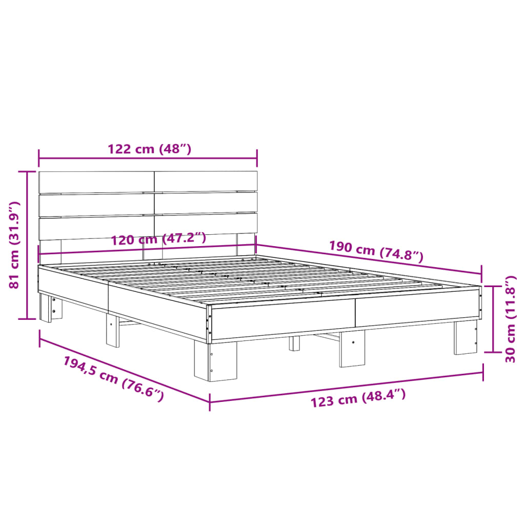 Sengeramme brun eik 120x190 cm konstruert tre og metall