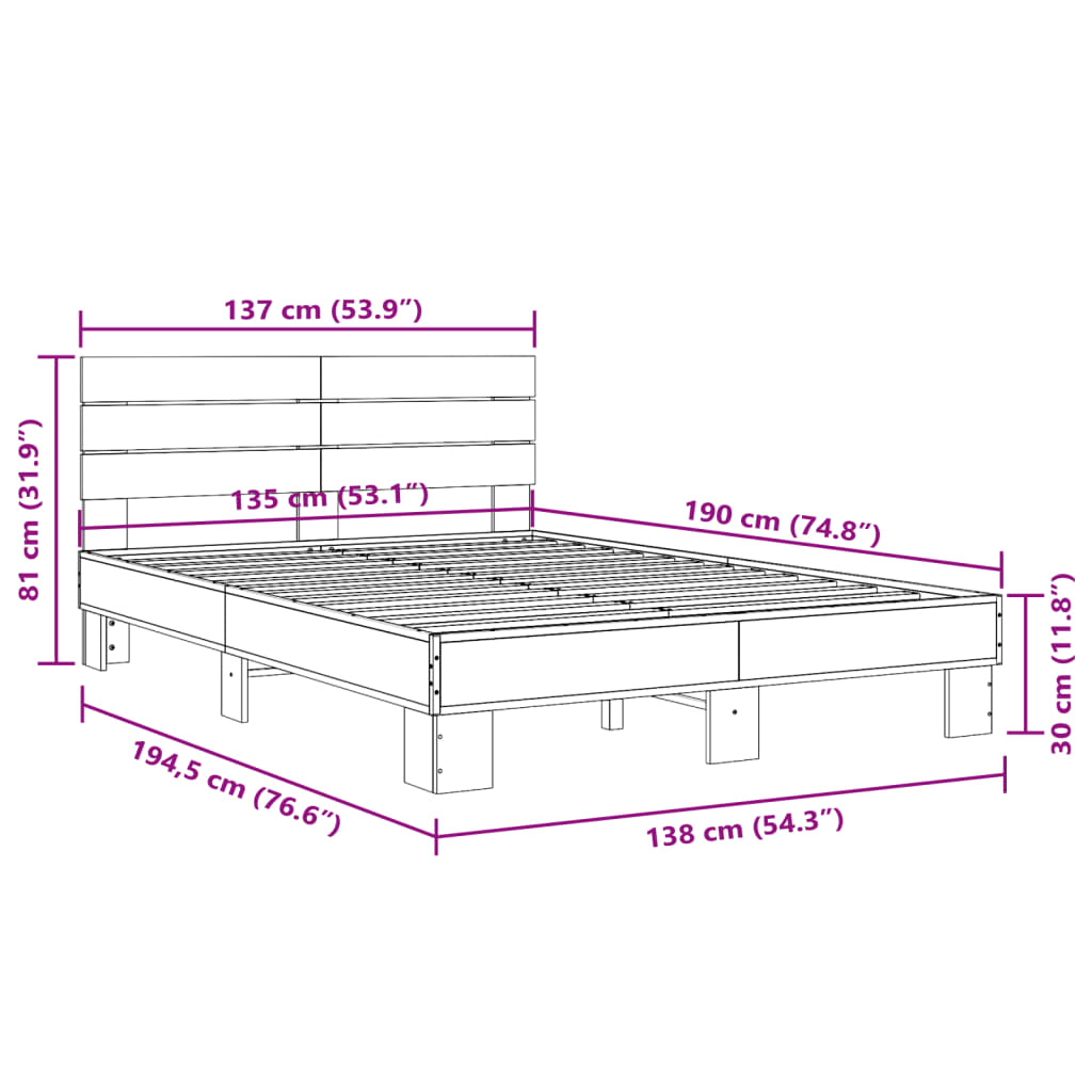 Sengeramme brun eik 135x190 cm konstruert tre og metall