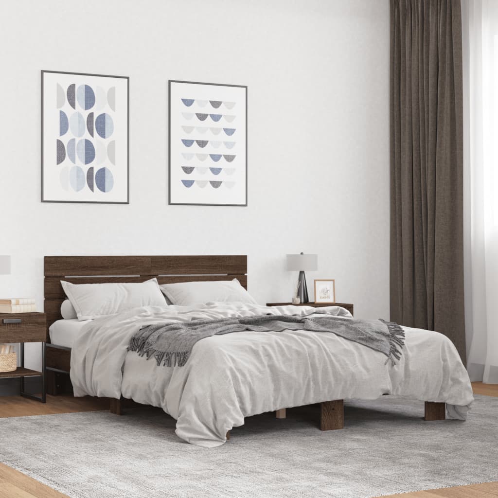 Sengeramme brun eik 135x190 cm konstruert tre og metall