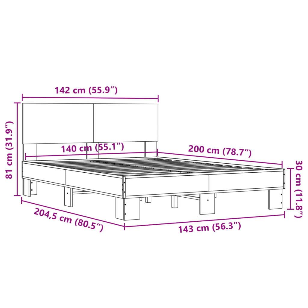 Sengeramme brun eik 140x200 cm konstruert tre og metall