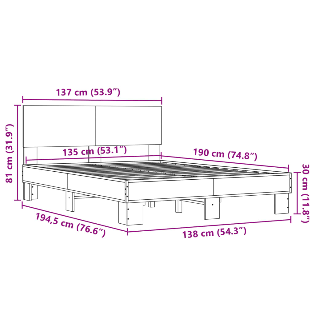 Sengeramme brun eik 135x190 cm konstruert tre og metall