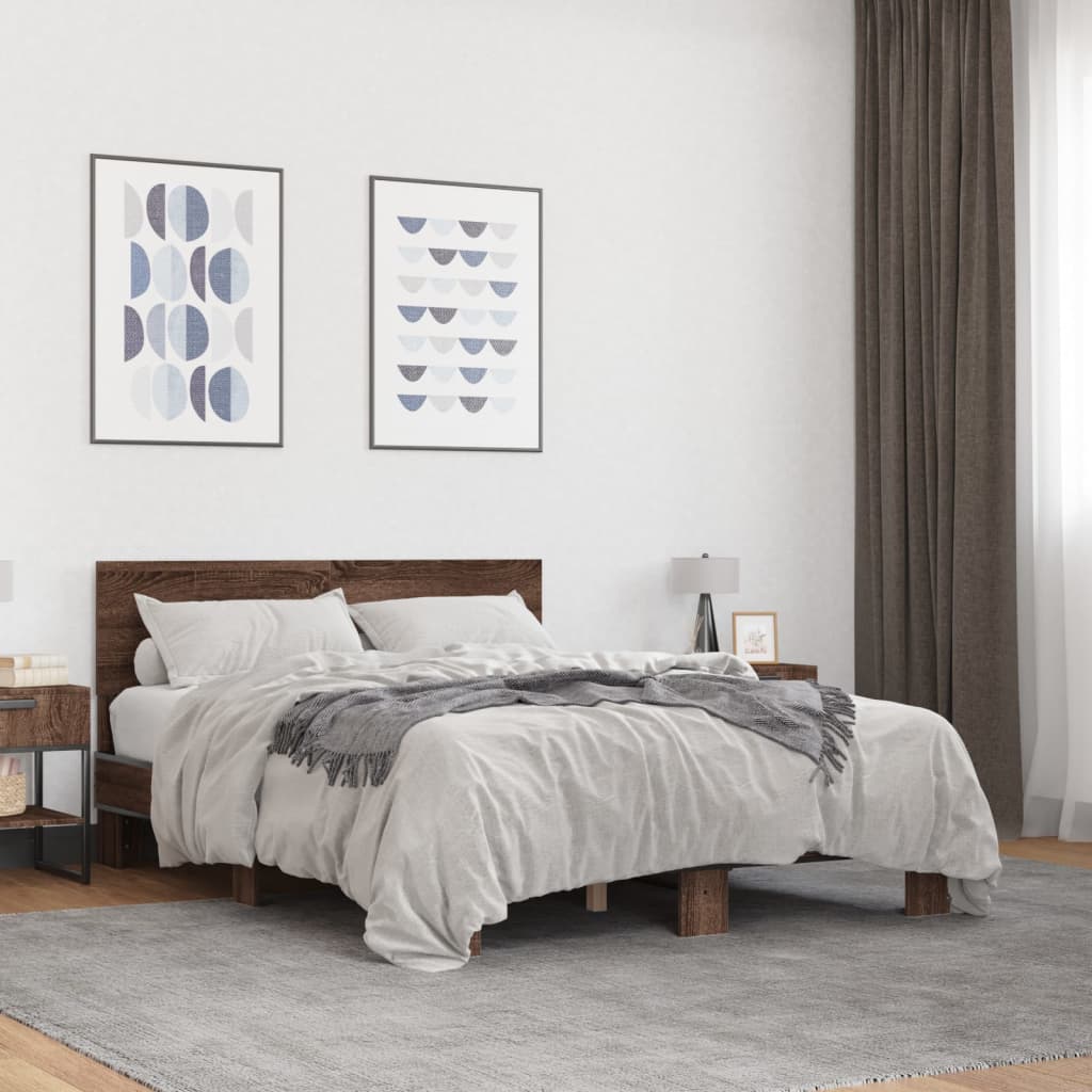 Sengeramme brun eik 135x190 cm konstruert tre og metall