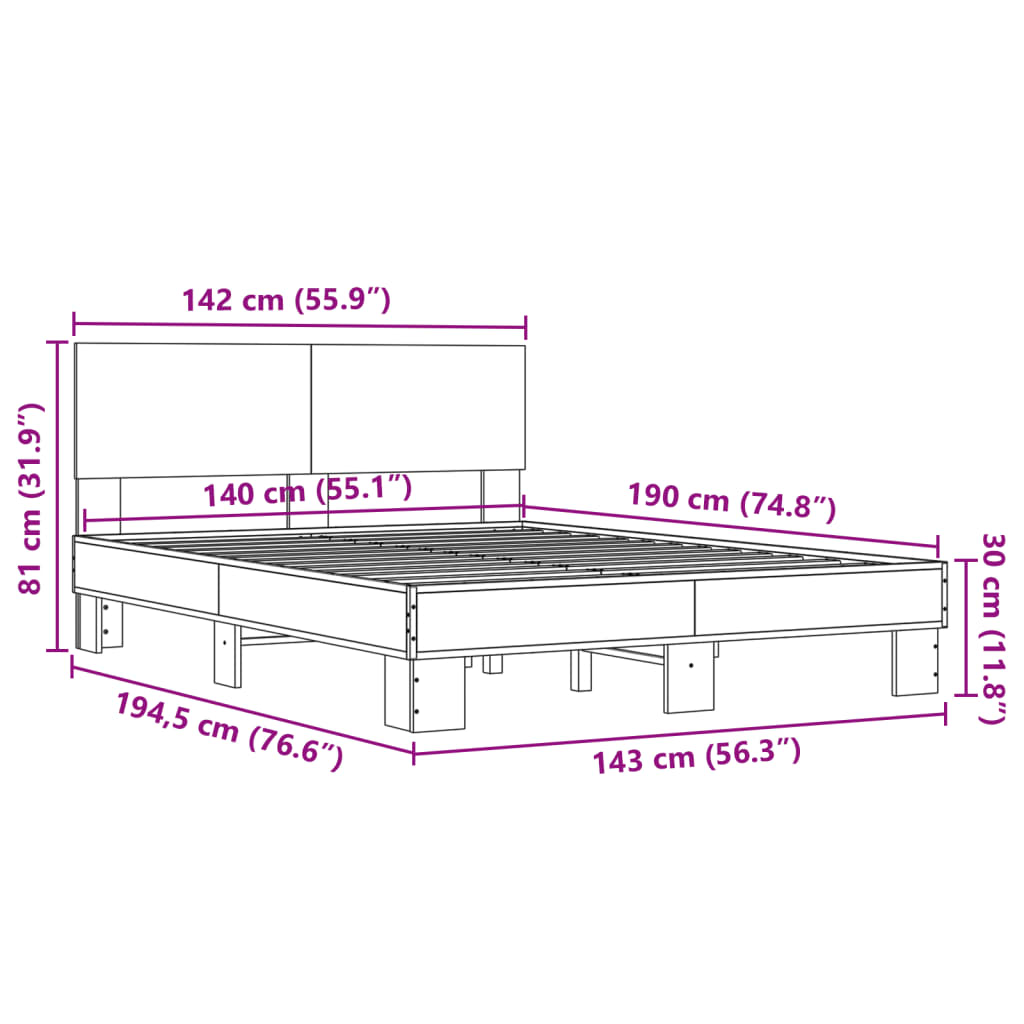 Sengeramme brun eik 140x190 cm konstruert tre og metall