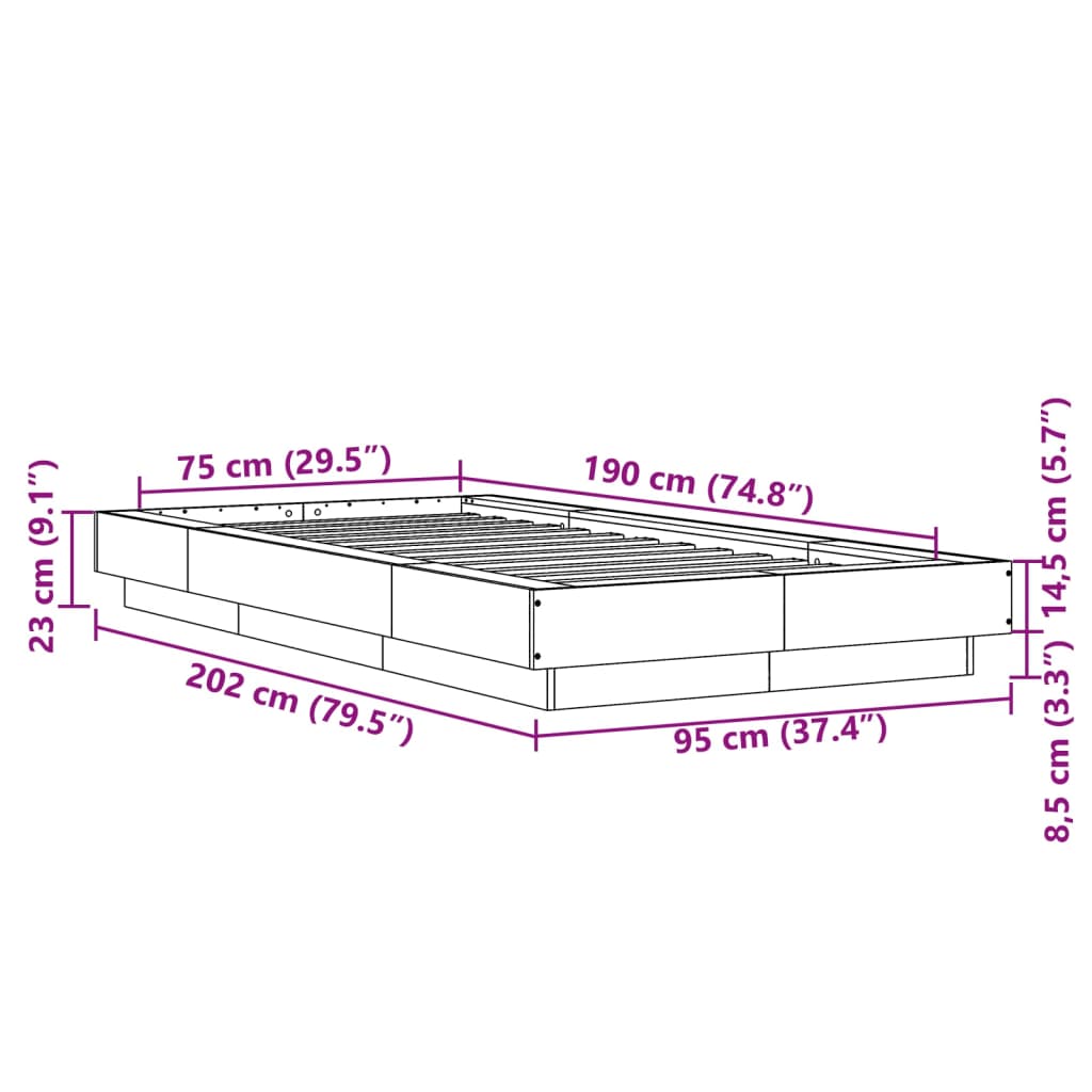 Sengeramme grå sonoma 75x190 cm konstruert tre