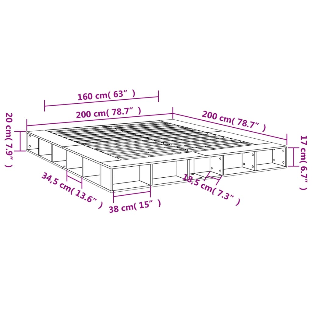 Sengeramme betonggrå 200x200 cm konstruert tre