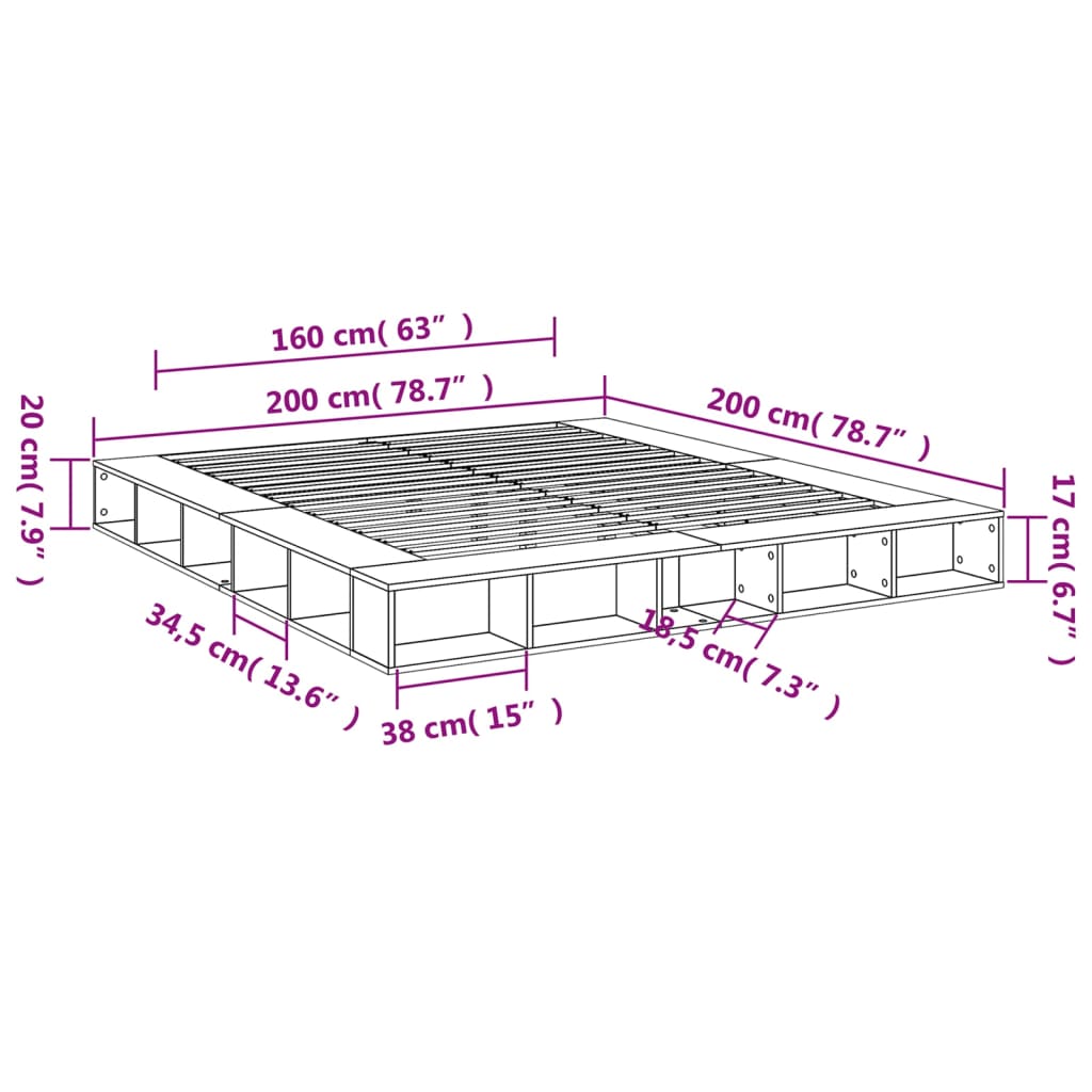 Sengeramme grå sonoma 200x200 cm konstruert tre