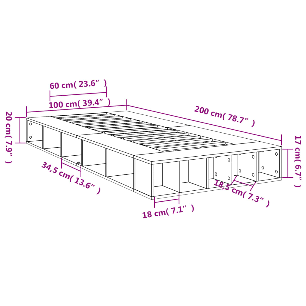 Sengeramme betonggrå 100x200 cm konstruert tre