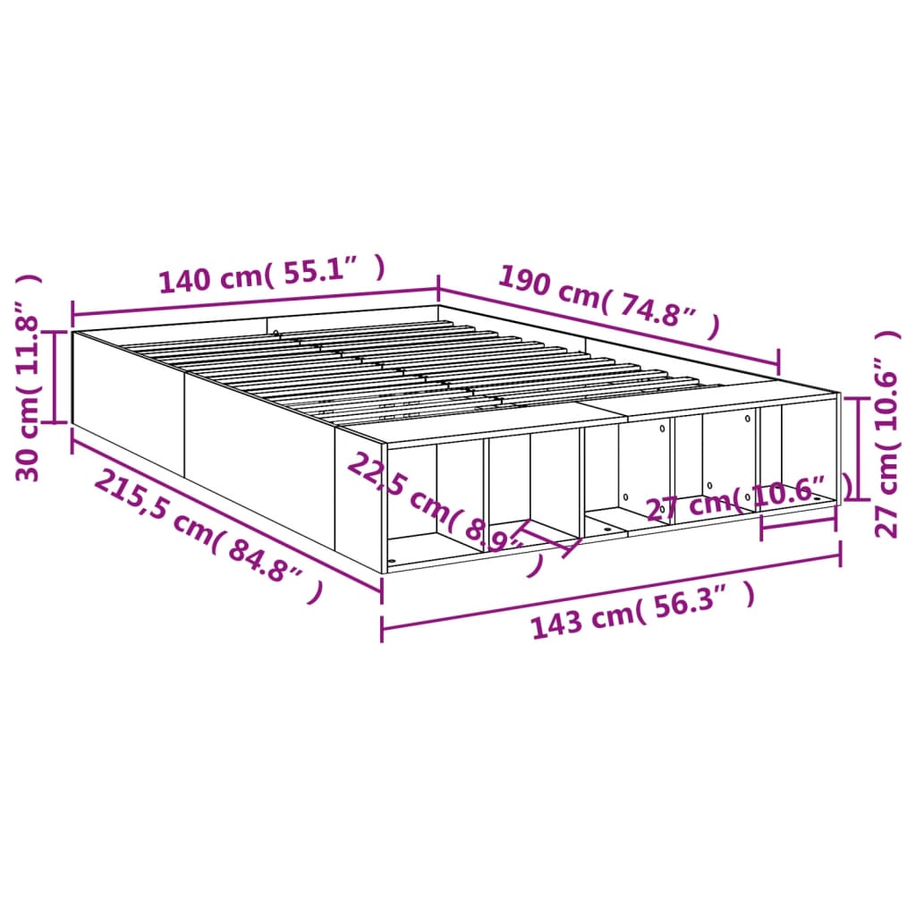 Sengeramme betonggrå 140x190 cm konstruert tre