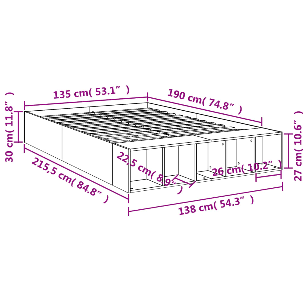 Sengeramme betonggrå 135x190 cm konstruert tre