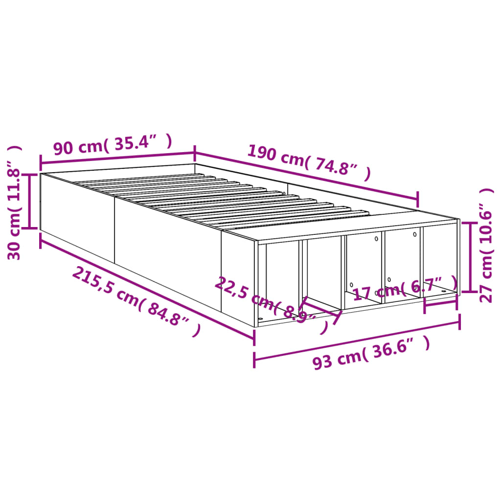 Sengeramme betonggrå 90x190 cm konstruert tre