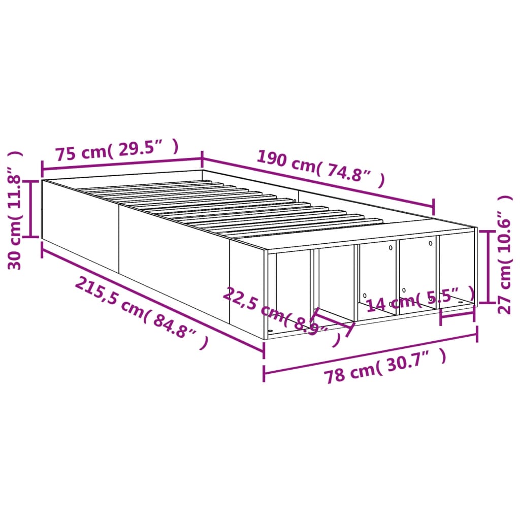 Sengeramme betonggrå 75x190 cm konstruert tre