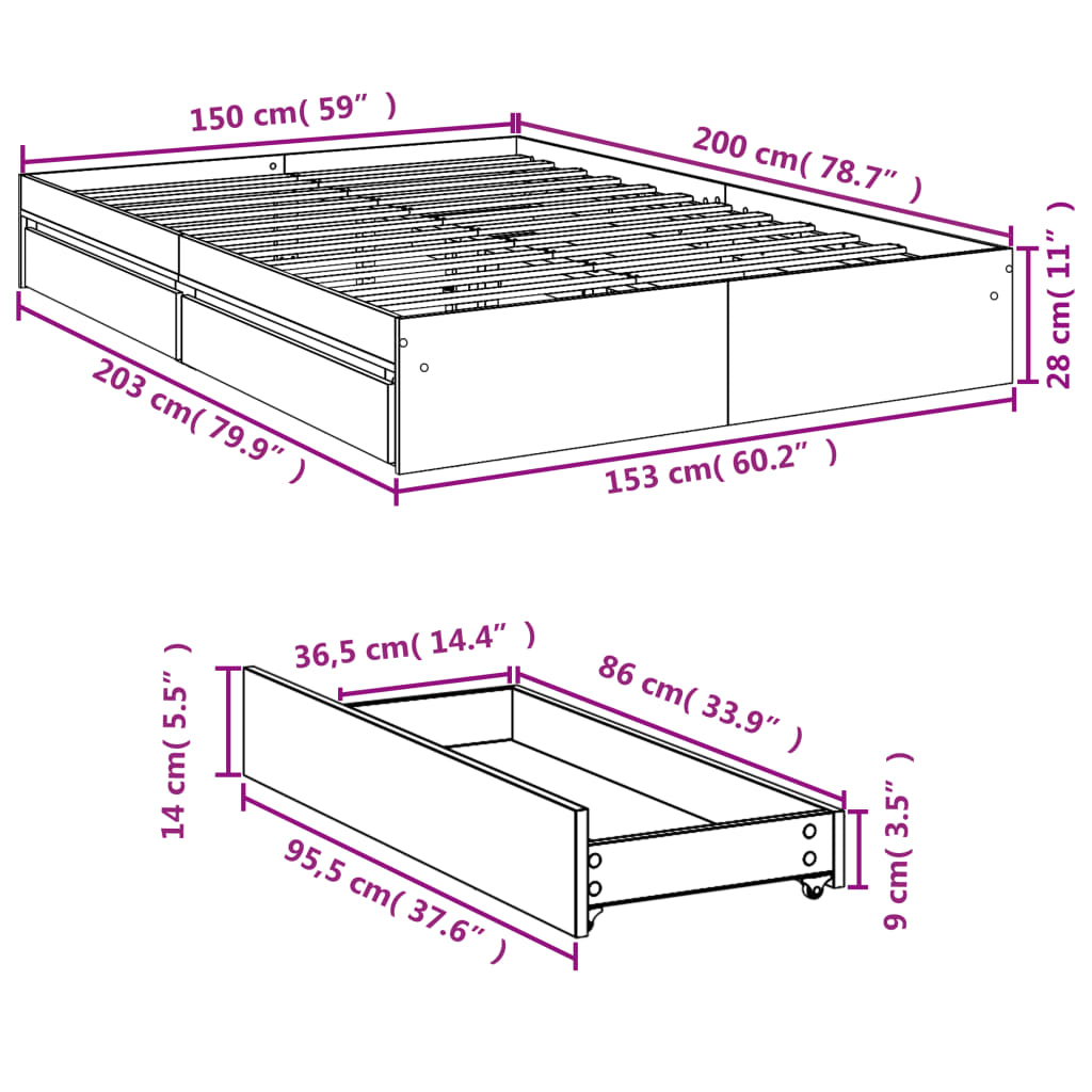 Sengeramme høyglans hvit 150x200 cm konstruert tre