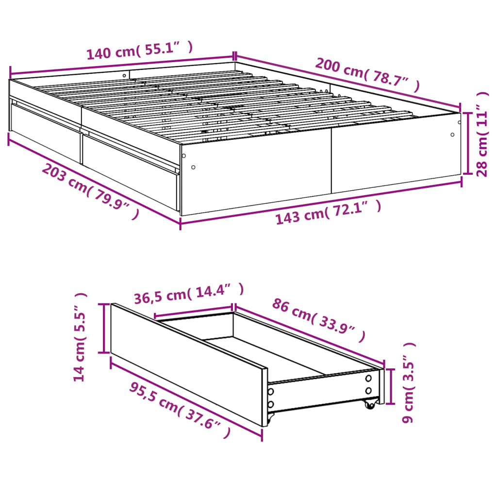 Sengeramme høyglans hvit 140x200 cm konstruert tre