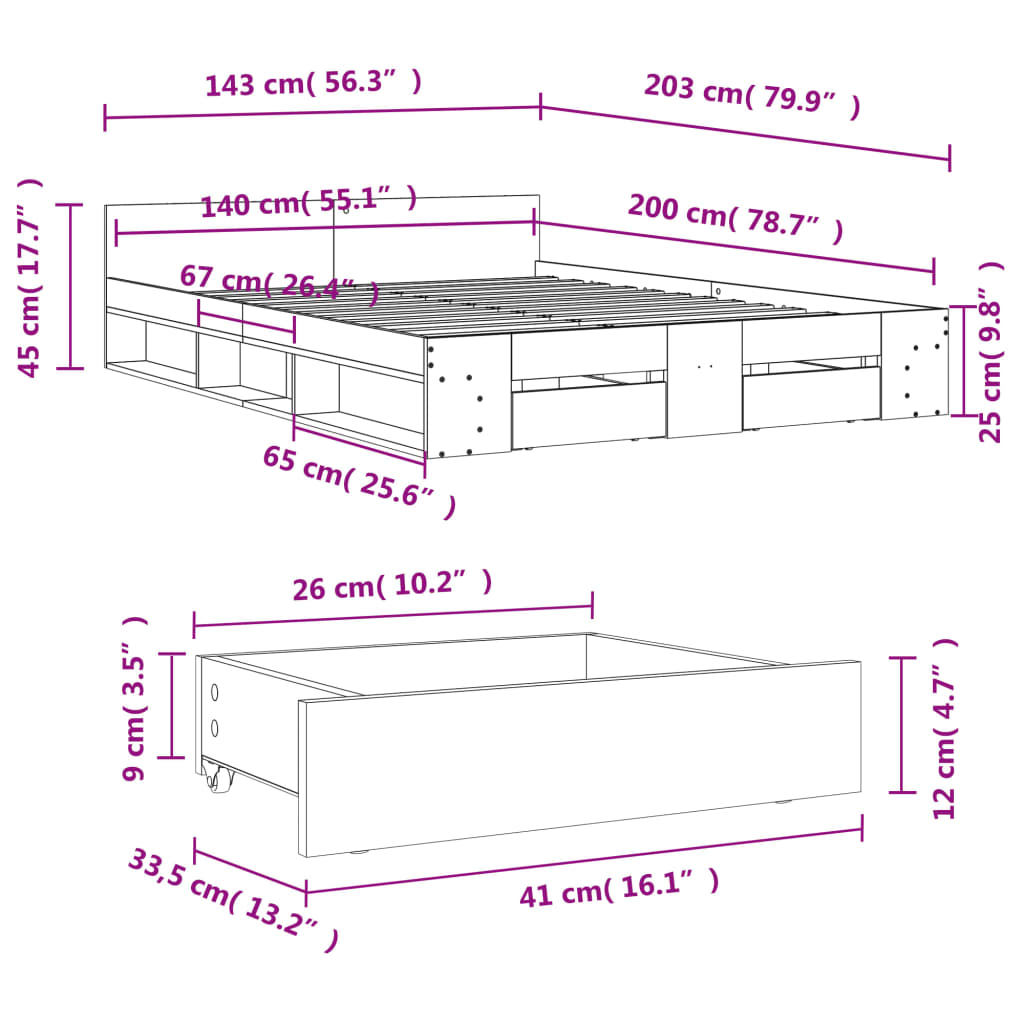Sengeramme med skuffer sonoma eik 140x200 cm konstruert tre