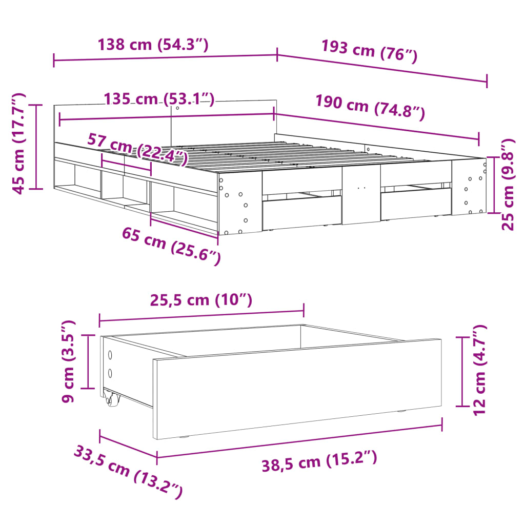 Sengeramme med skuffer hvit 135x190 cm konstruert tre