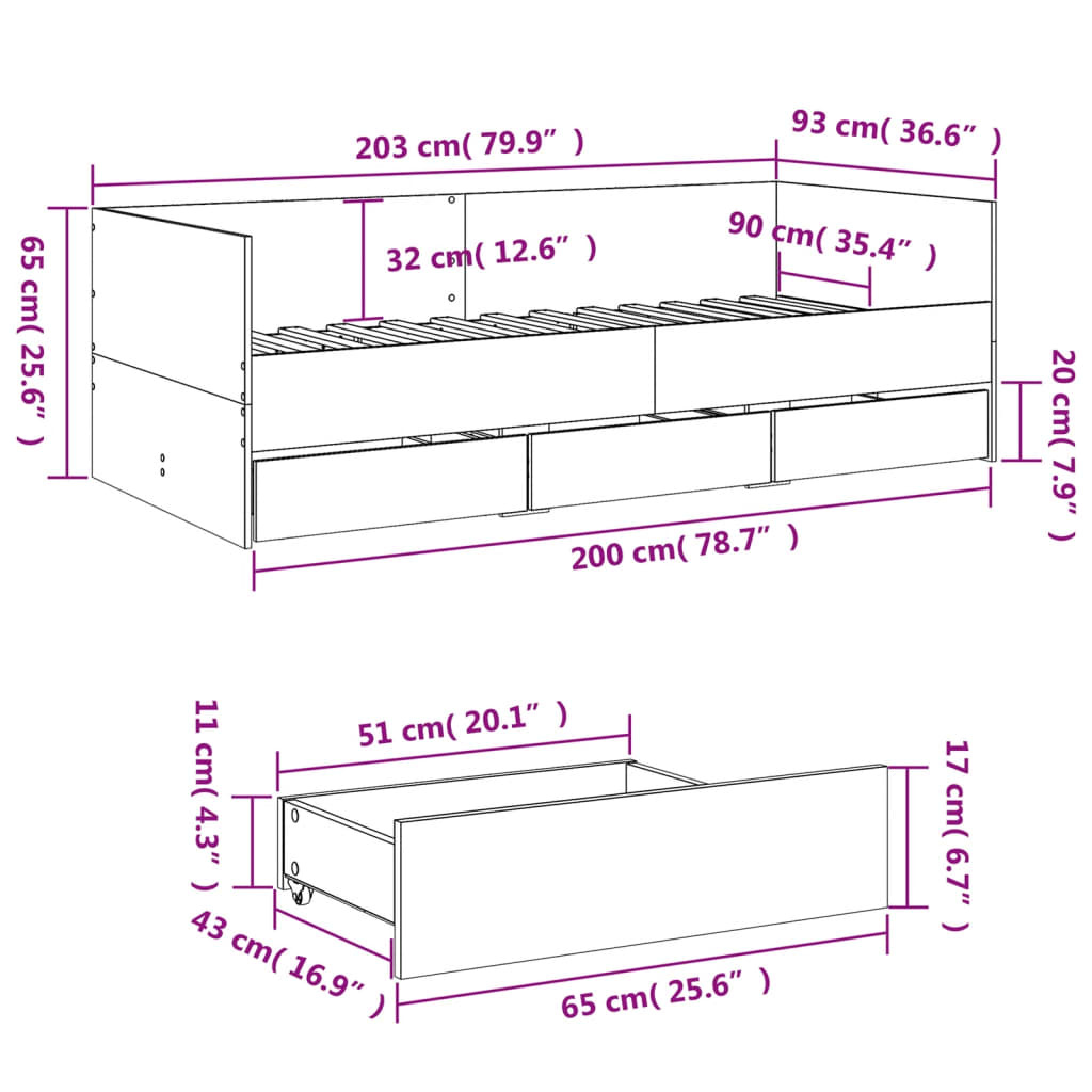 Dagseng med skuffer uten Madrass betonggrå 90x200 cm