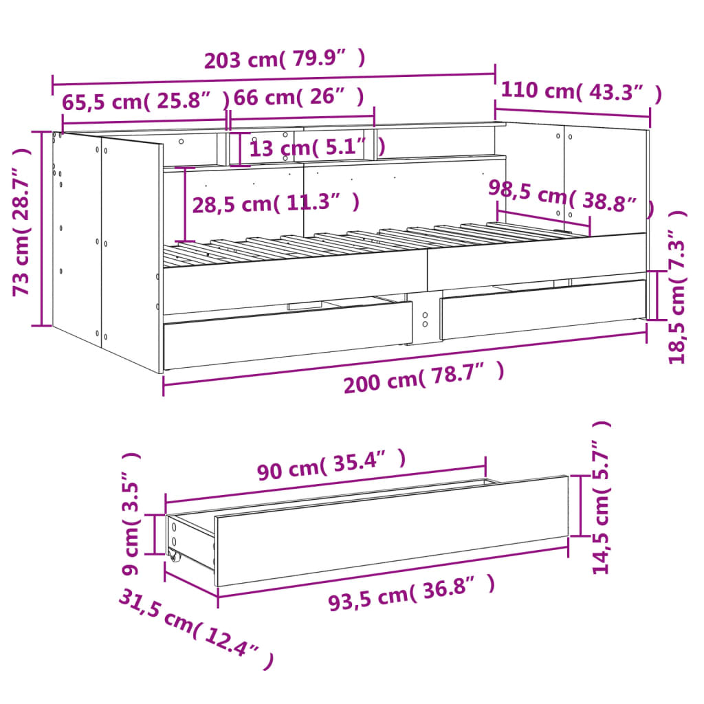 Dagseng med skuffer uten Madrass betonggrå 100x200 cm