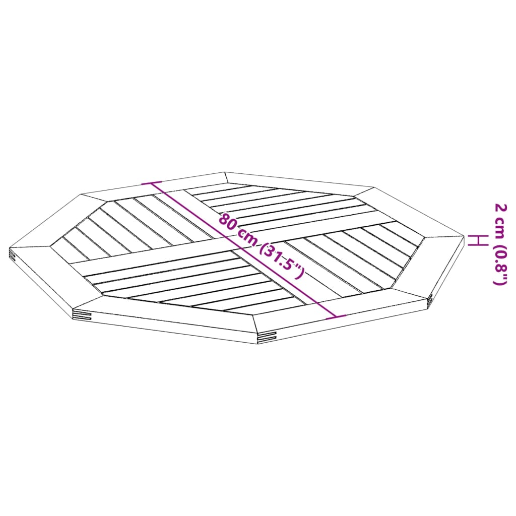 Bordplate 80x80x2,2 cm åttekantet heltre akasie