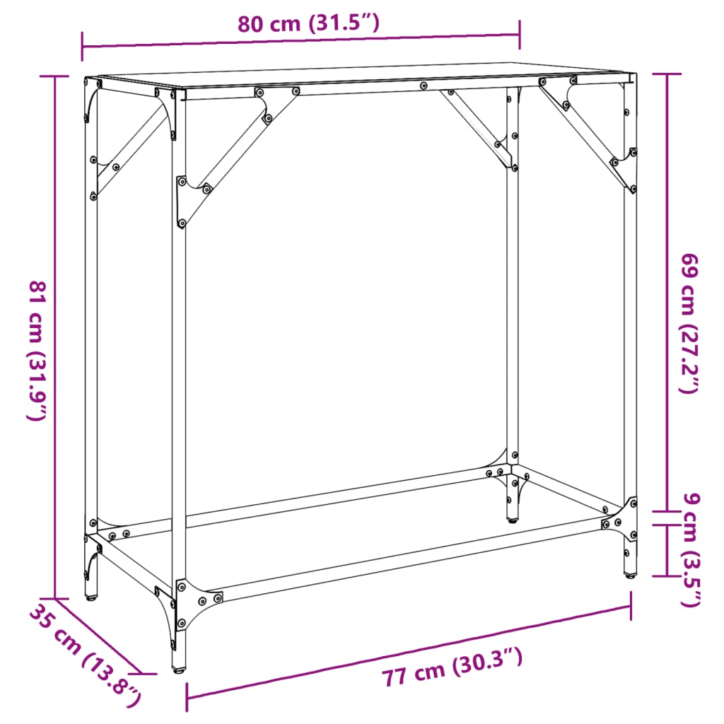 Konsollbord med svart glassplate 80x35x81 cm stål