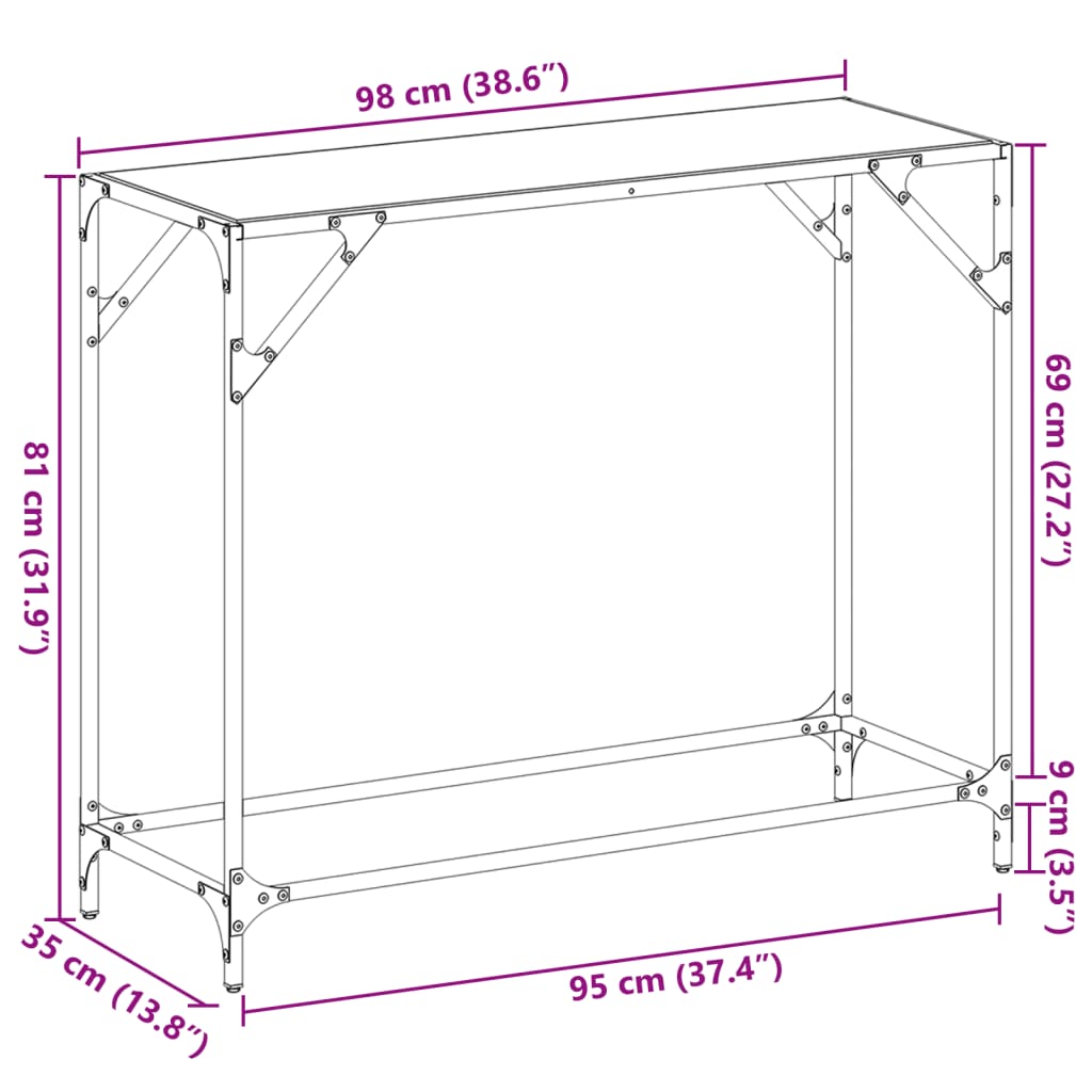 Konsollbord med gjennomsiktig glassplate 98x35x81 cm stål