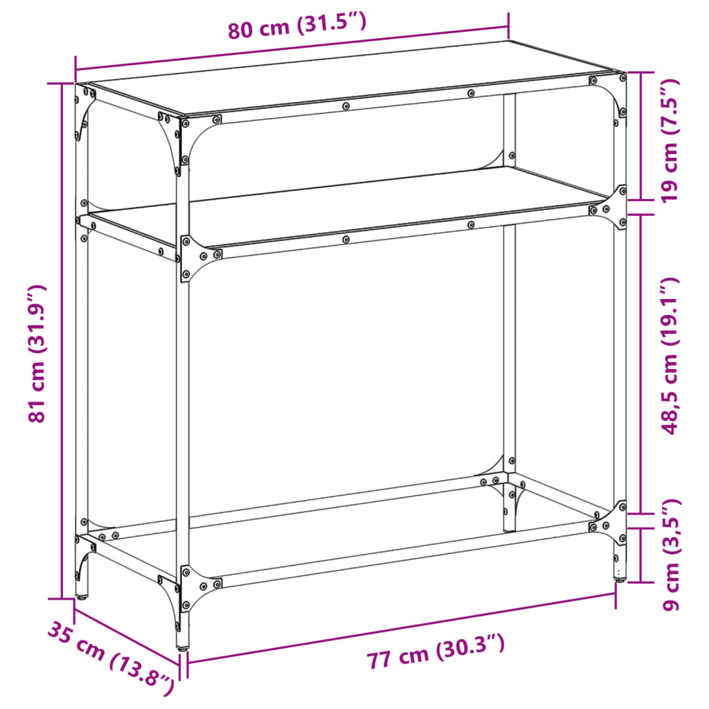 Konsollbord med gjennomsiktig glassplate 80x35x81 cm stål