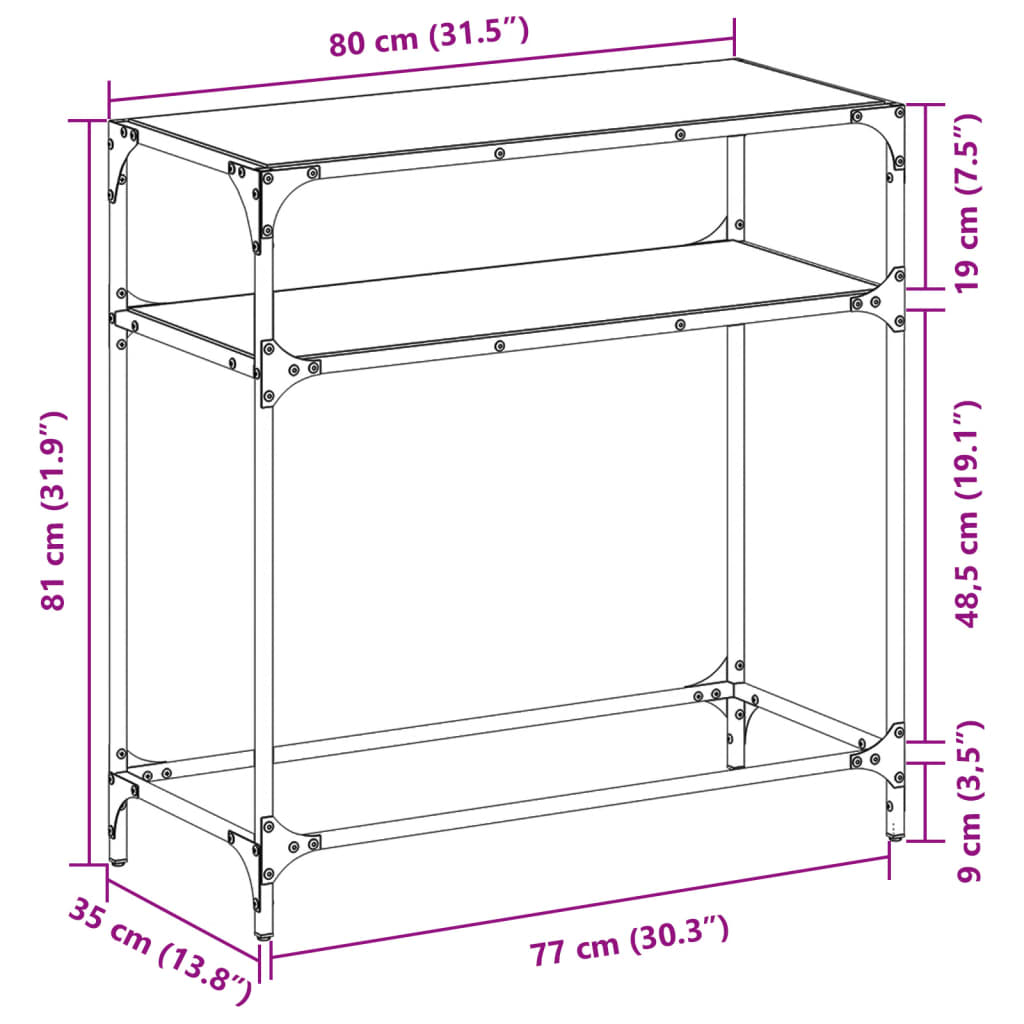 Konsollbord med svart glassplate 80x35x81 cm stål