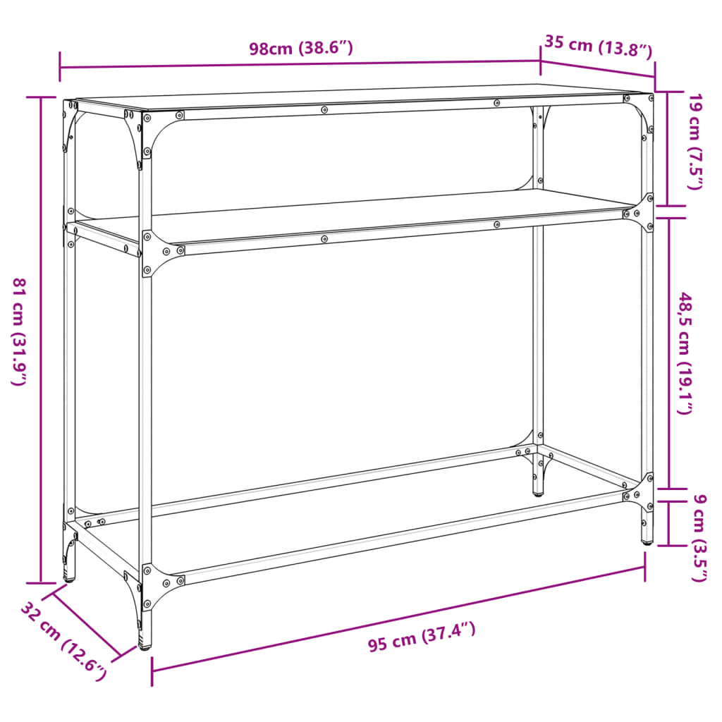 Konsollbord med gjennomsiktig glassplate 98x35x81 cm stål