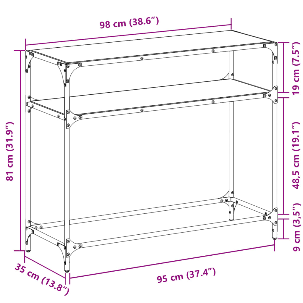 Konsollbord med svart glassplate 98x35x81 cm stål