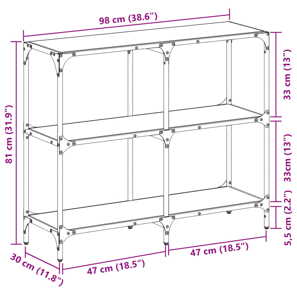 Konsollbord med gjennomsiktig glassplate 98x30x81 cm stål