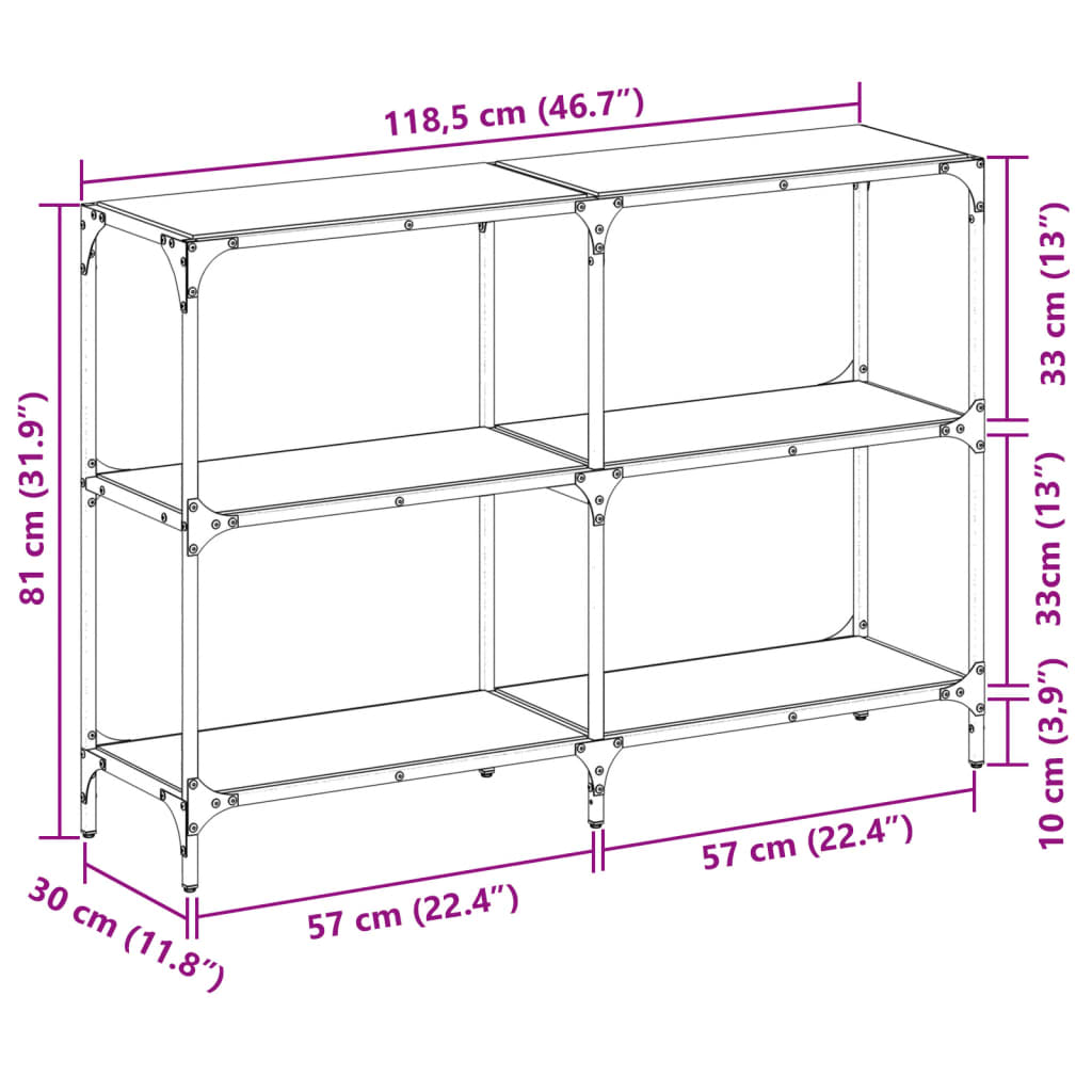 Konsollbord med gjennomsiktig glassplate 118,5x30x81 cm stål