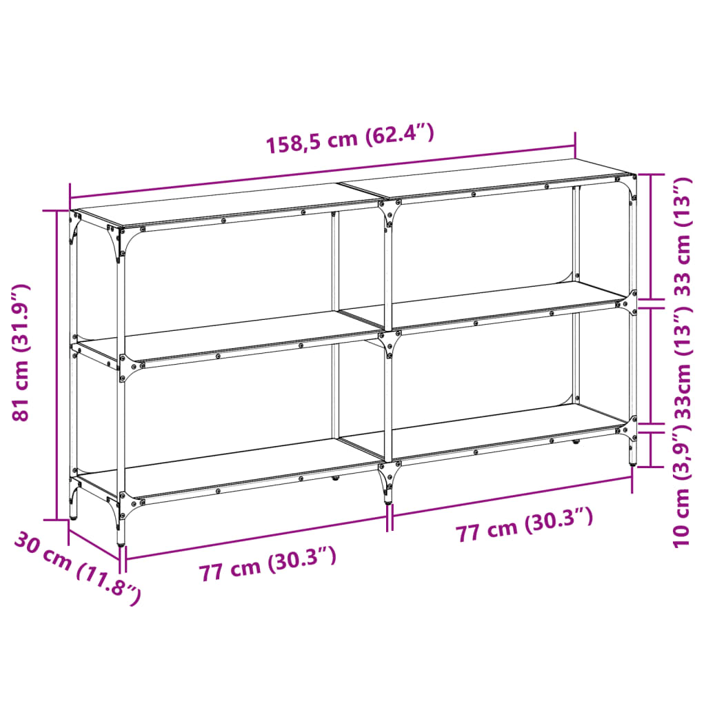 Konsollbord med gjennomsiktig glassplate 158,5x30x81 cm stål