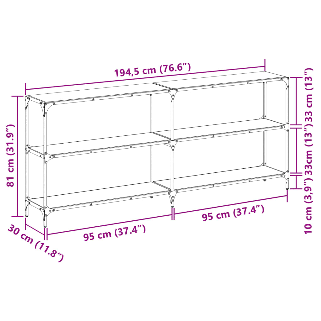 Konsollbord med svart glassplate 194,5x30x81 cm stål