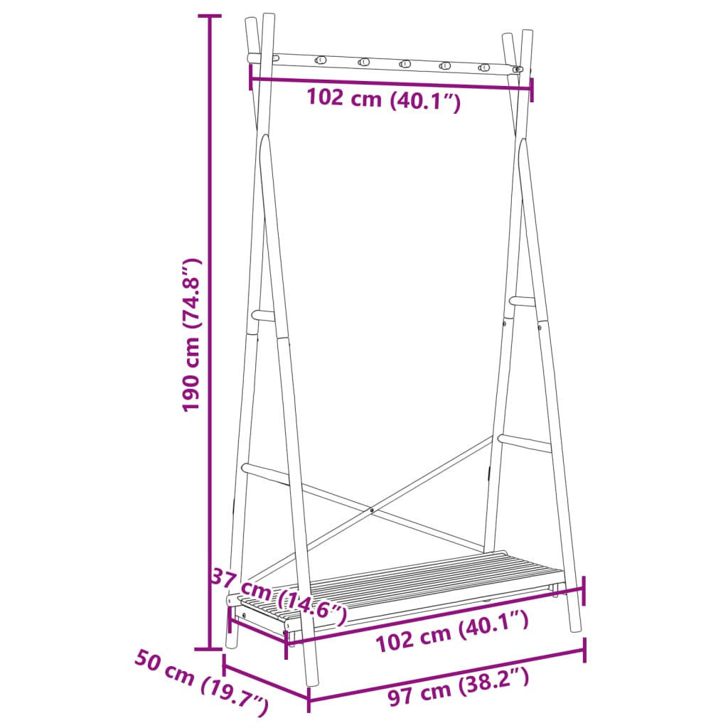 Klesstativ med hylle 102x50x190 cm bambus