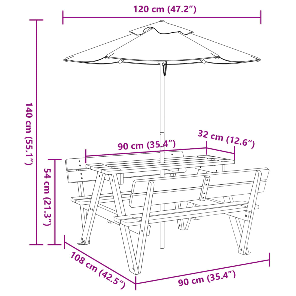 Piknikbord for 4 barn med parasoll heltre gran