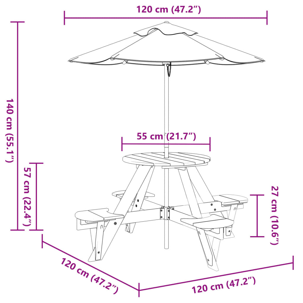 Piknikbord for 4 barn med parasoll rund heltre gran