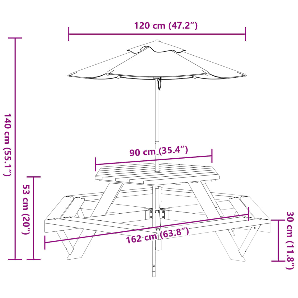 Piknikbord for 6 barn med parasoll heltre gran