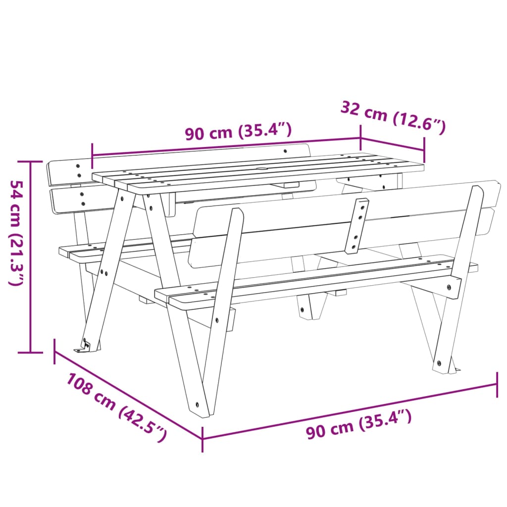 Piknikbord for 4 barn med parasollhull heltre gran