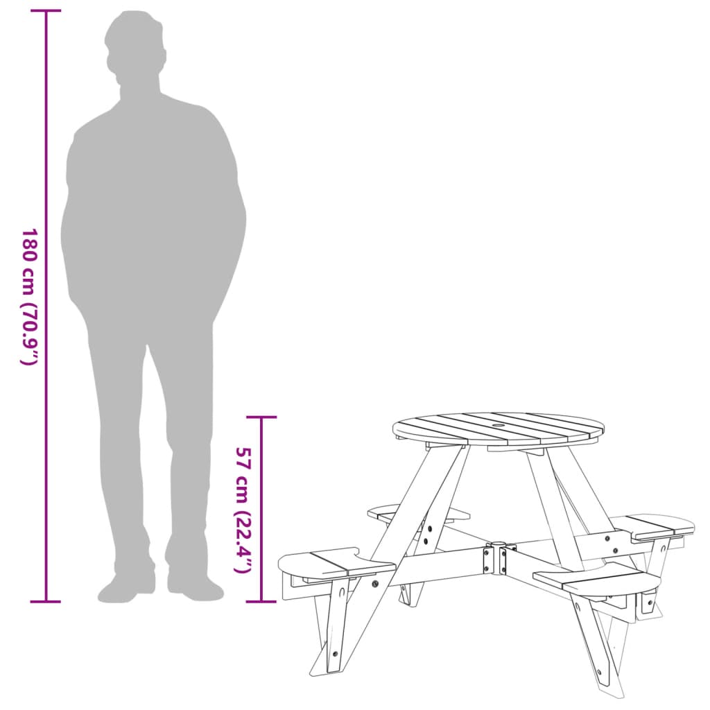 Piknikbord for 4 barn med parasollhull rund heltre gran