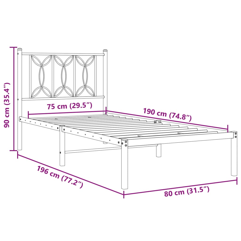Sengeramme i metall med hodegavl svart 75x190 cm