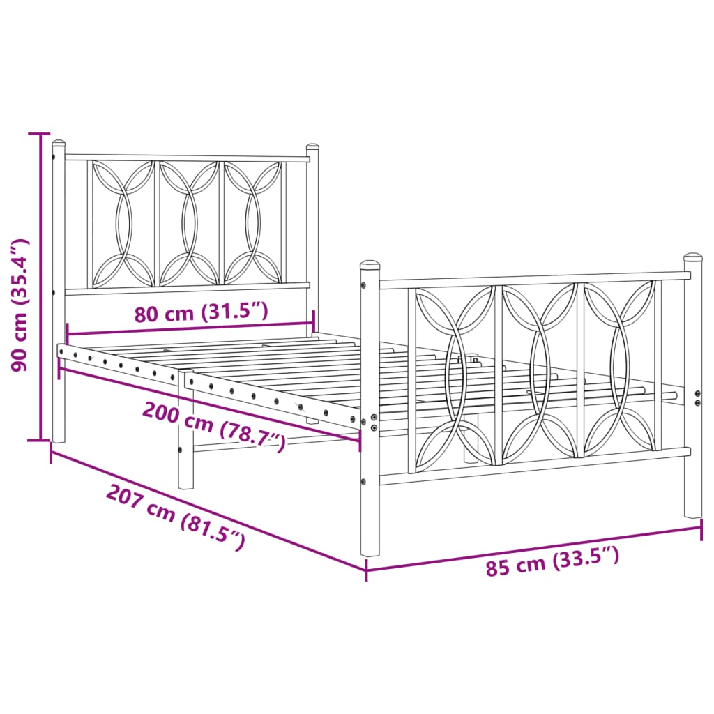 Sengeramme i metall med hode- og fotgavl hvit 80x200 cm