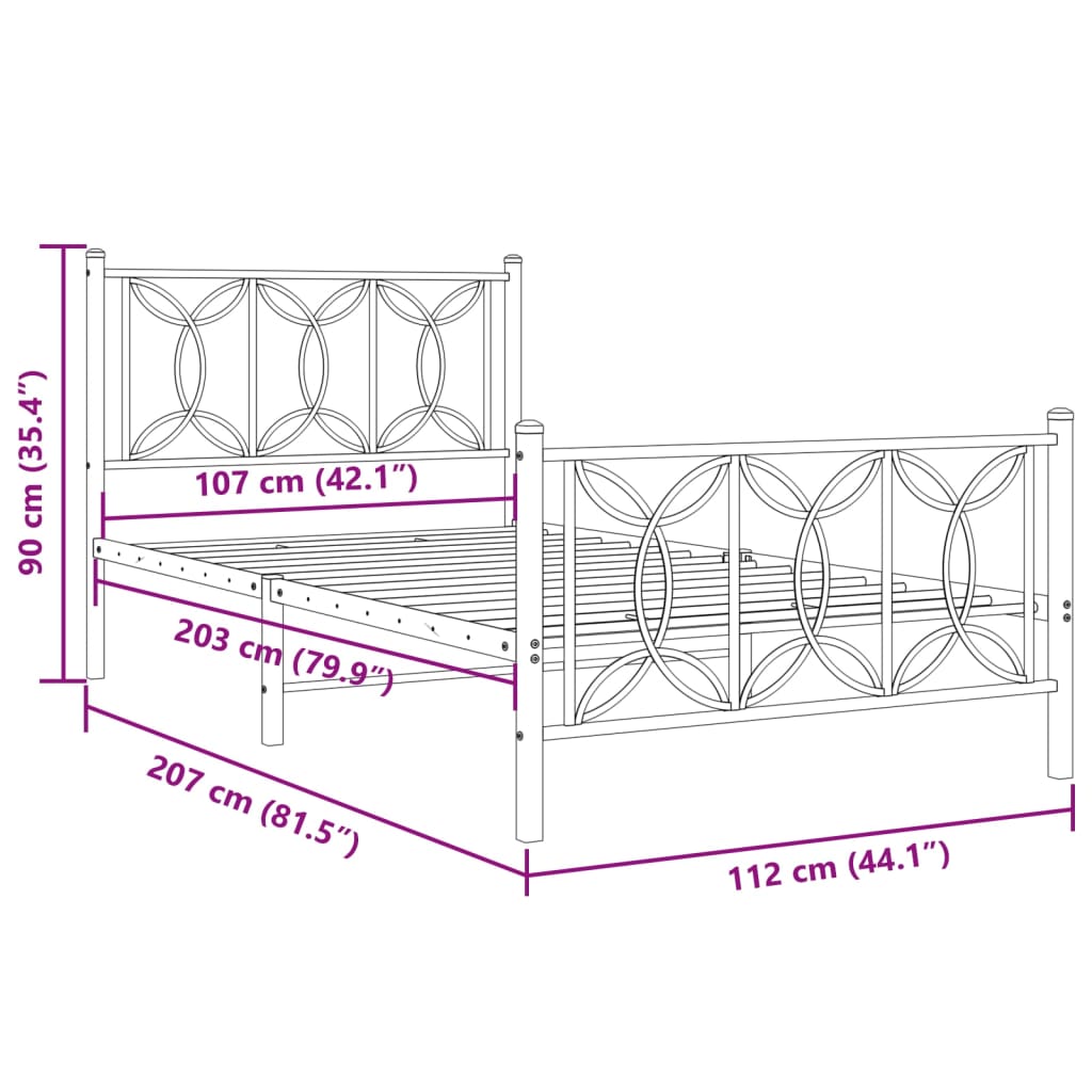 Sengeramme i metall med hode- og fotgavl hvit 107x203 cm
