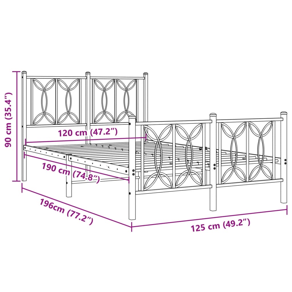 Sengeramme i metall med hode- og fotgavl hvit 120x190 cm