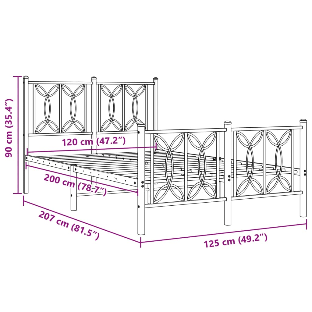 Sengeramme i metall med hode- og fotgavl hvit 120x200 cm
