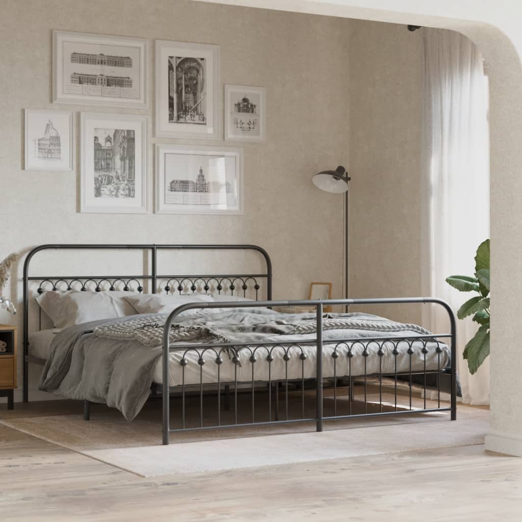 Sengeramme i metall med hode- og fotgavl svart 183x203 cm