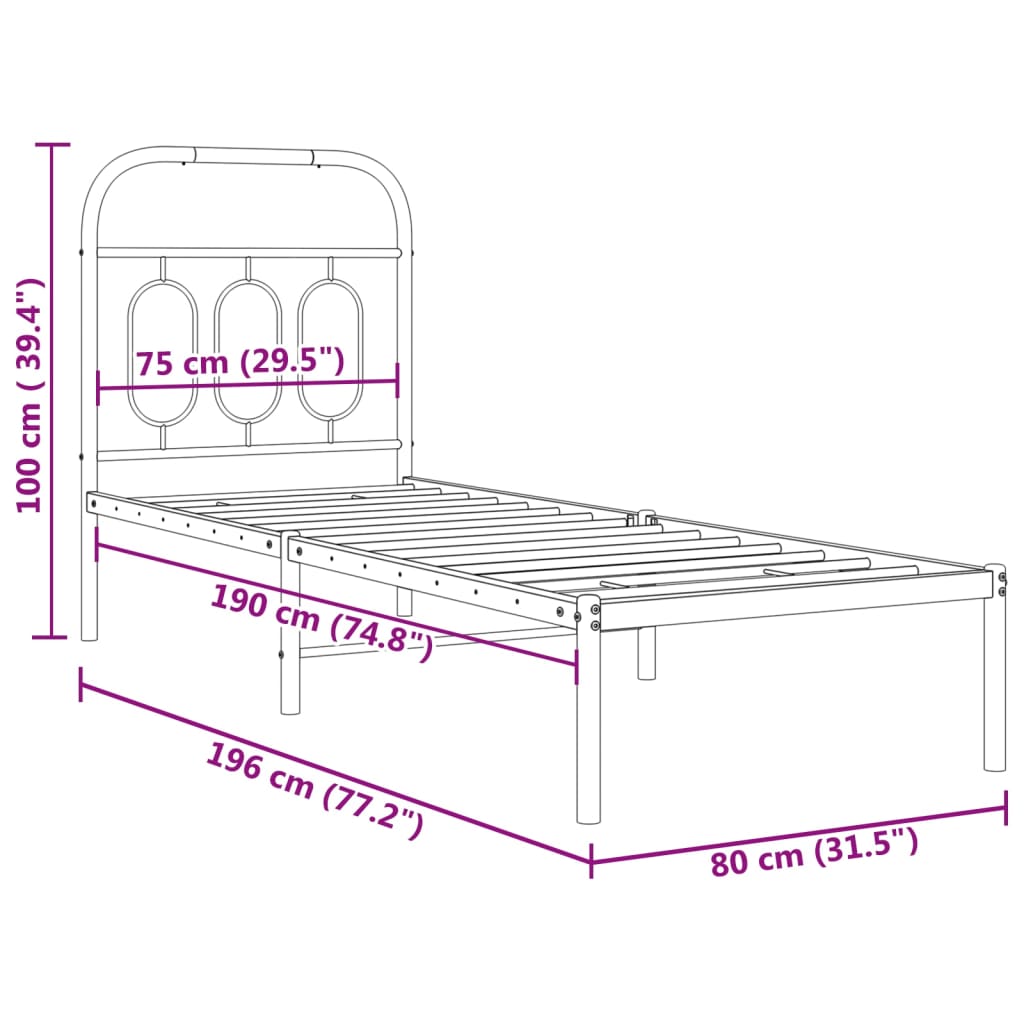 Sengeramme i metall med hodegavl svart 75x190 cm