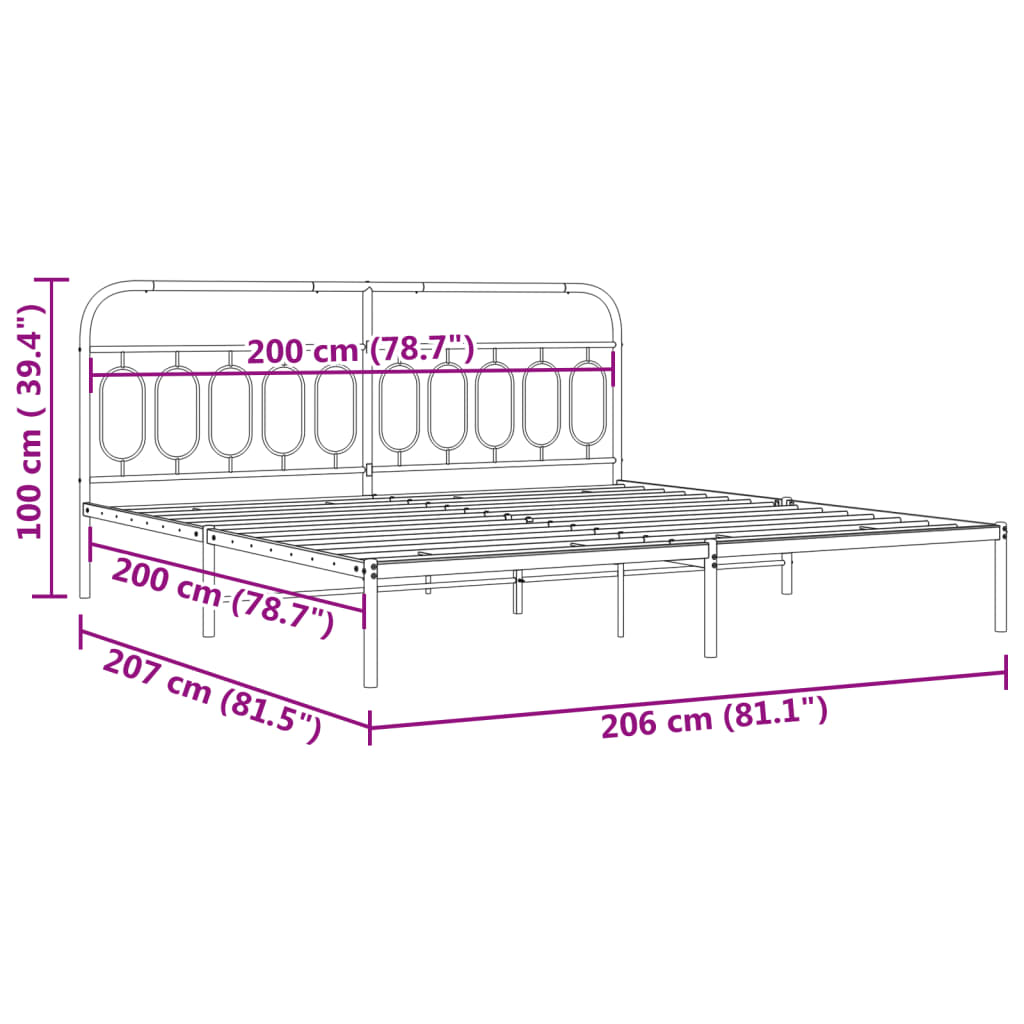 Sengeramme i metall med sengegavl svart 200x200 cm