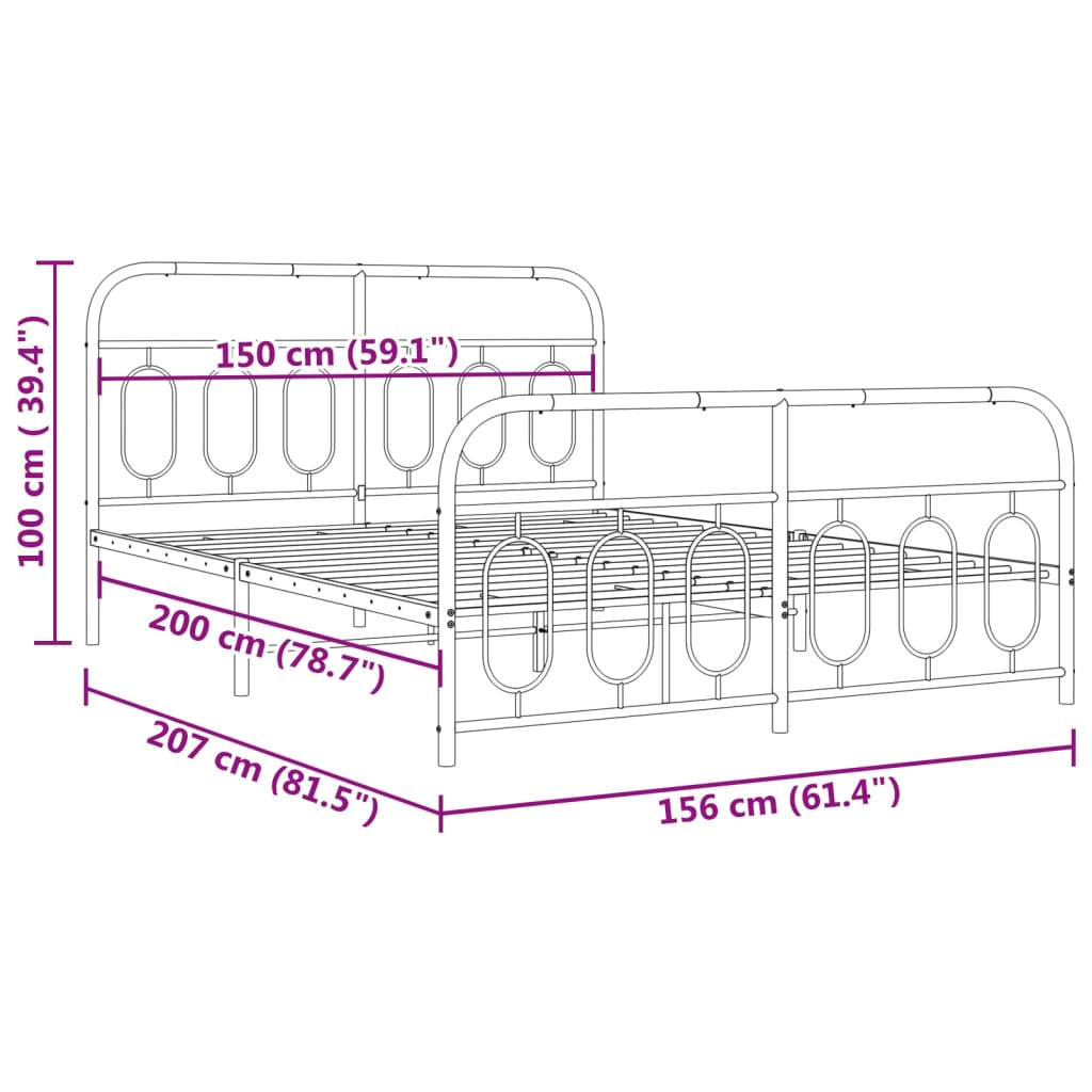 Sengeramme i metall med hode- og fotgavl hvit 150x200 cm
