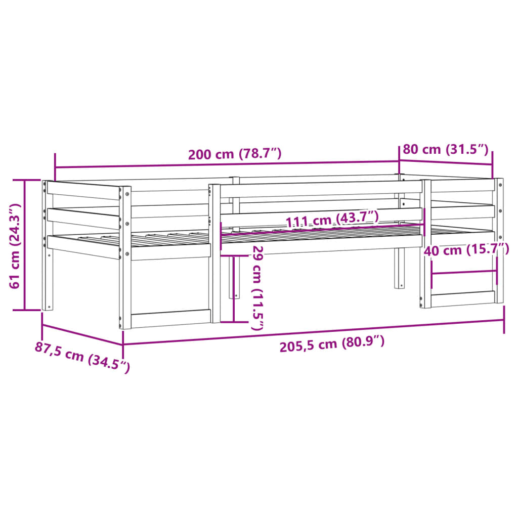 Sengeramme for barn voksbrun 80x200 cm heltre furu